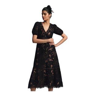 Anthropologie NWT Ophelia Puff Sleeve Black Lace Overlay Cocktail Dress
